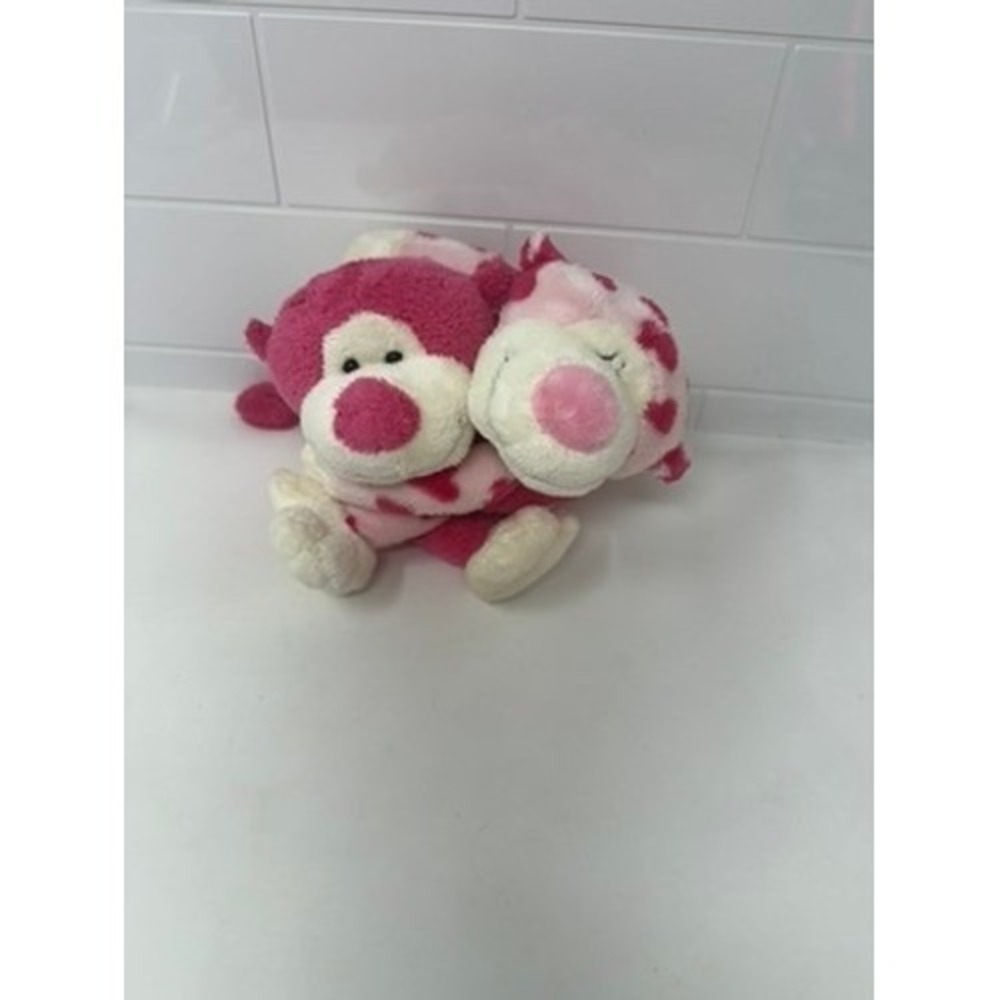 Ty Pluffies Romeo & Juliet Pink Heart Hugging Monkeys Plush Stuffed Animal Toy